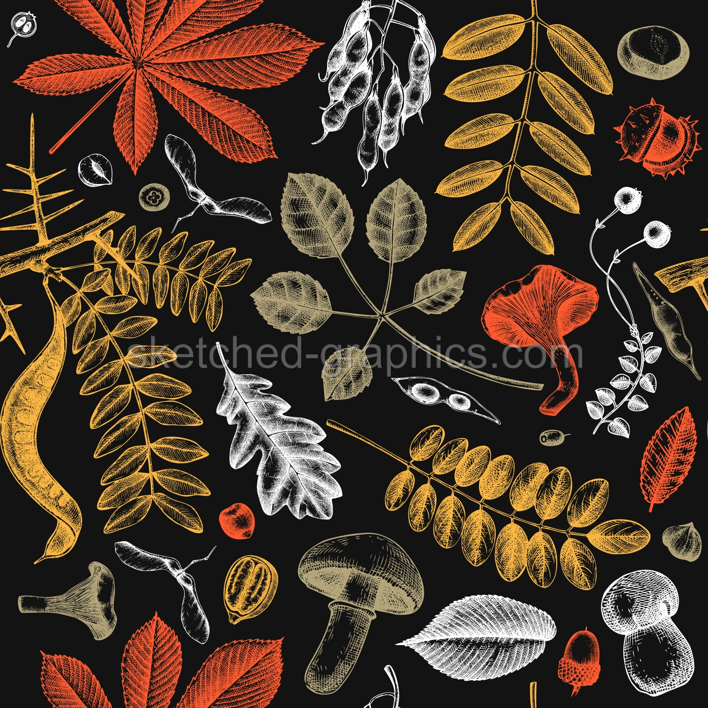 Autumn leaves seamless pattern. With hand sketched forest plants, pumpkins,nuts, berries, mushrooms illustrations. Perfect for invitation,  textile, wrapping, packaging. Elegant autumn backdrop Illustration
